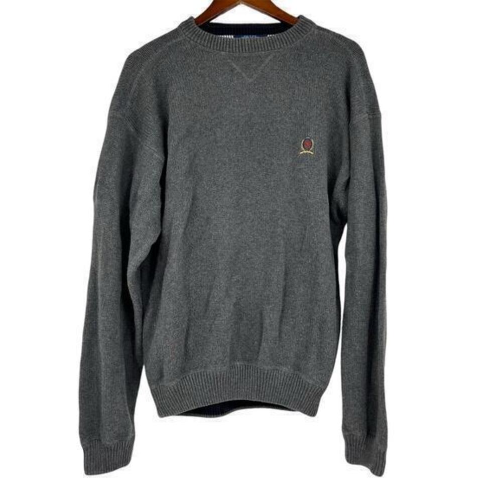 VTG 90s TOMMY HILFIGER Mens Gray Golf Crest Logo Pullover Sweater cotton large